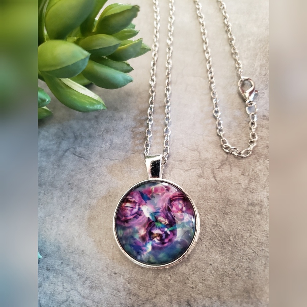NEW Purple Flowers Cabochon Necklace - Picture 1 of 5